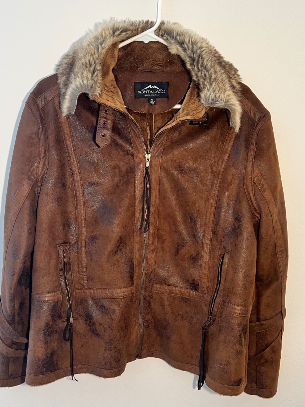 Vintage Montanaco Faux-Leather Aviator Jacket with Faux-Fur Collar